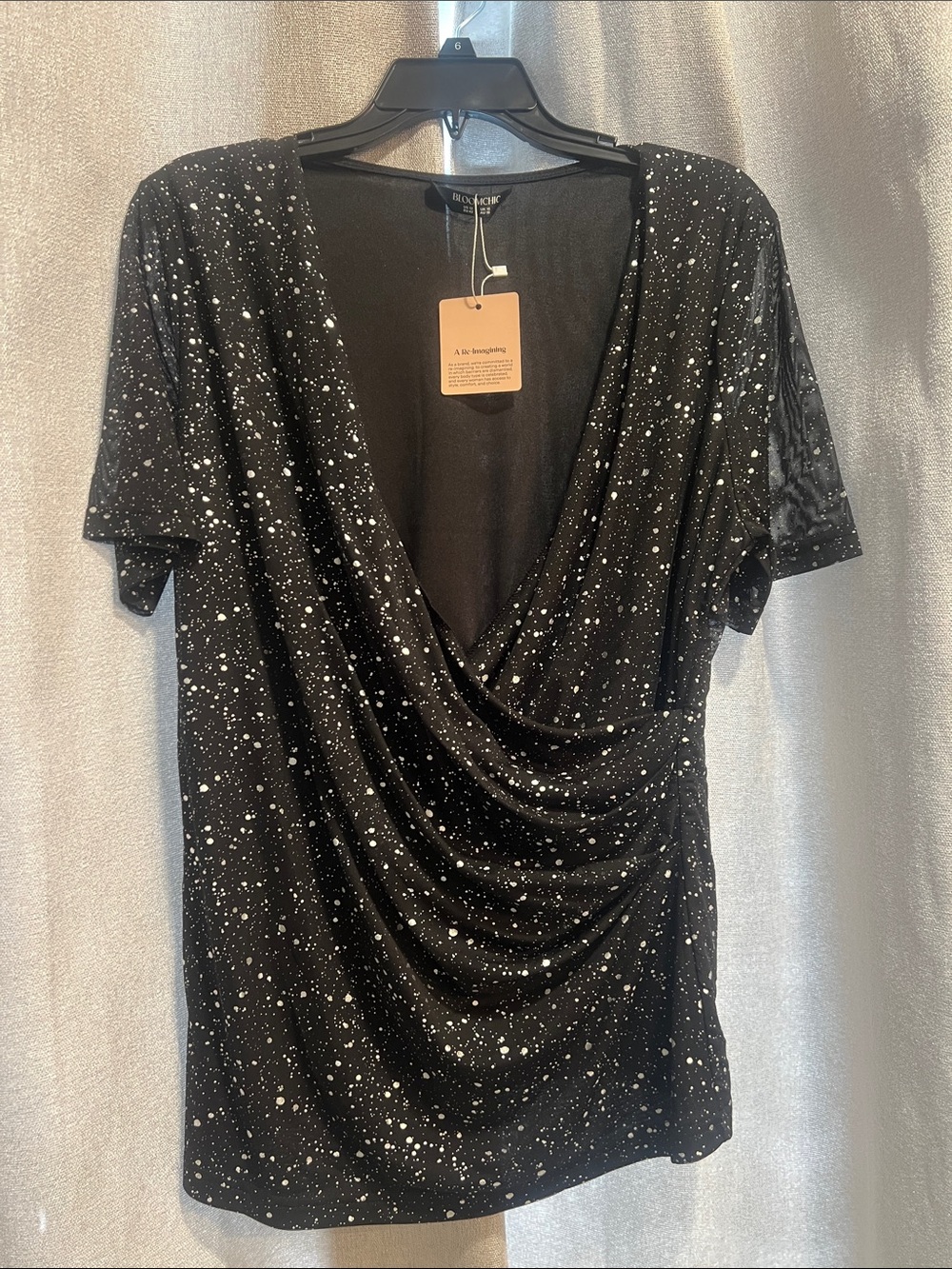 BloomChic Black Speckled Drape Front Top